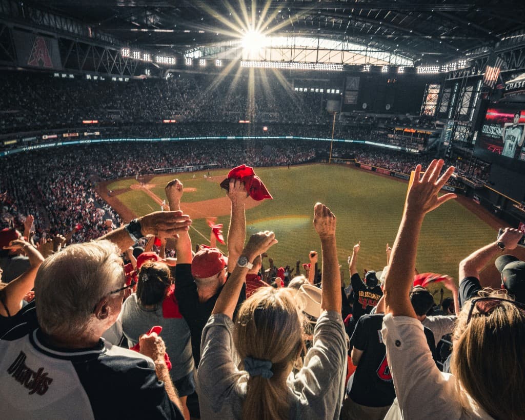 Fans cheering at a packed baseball stadium