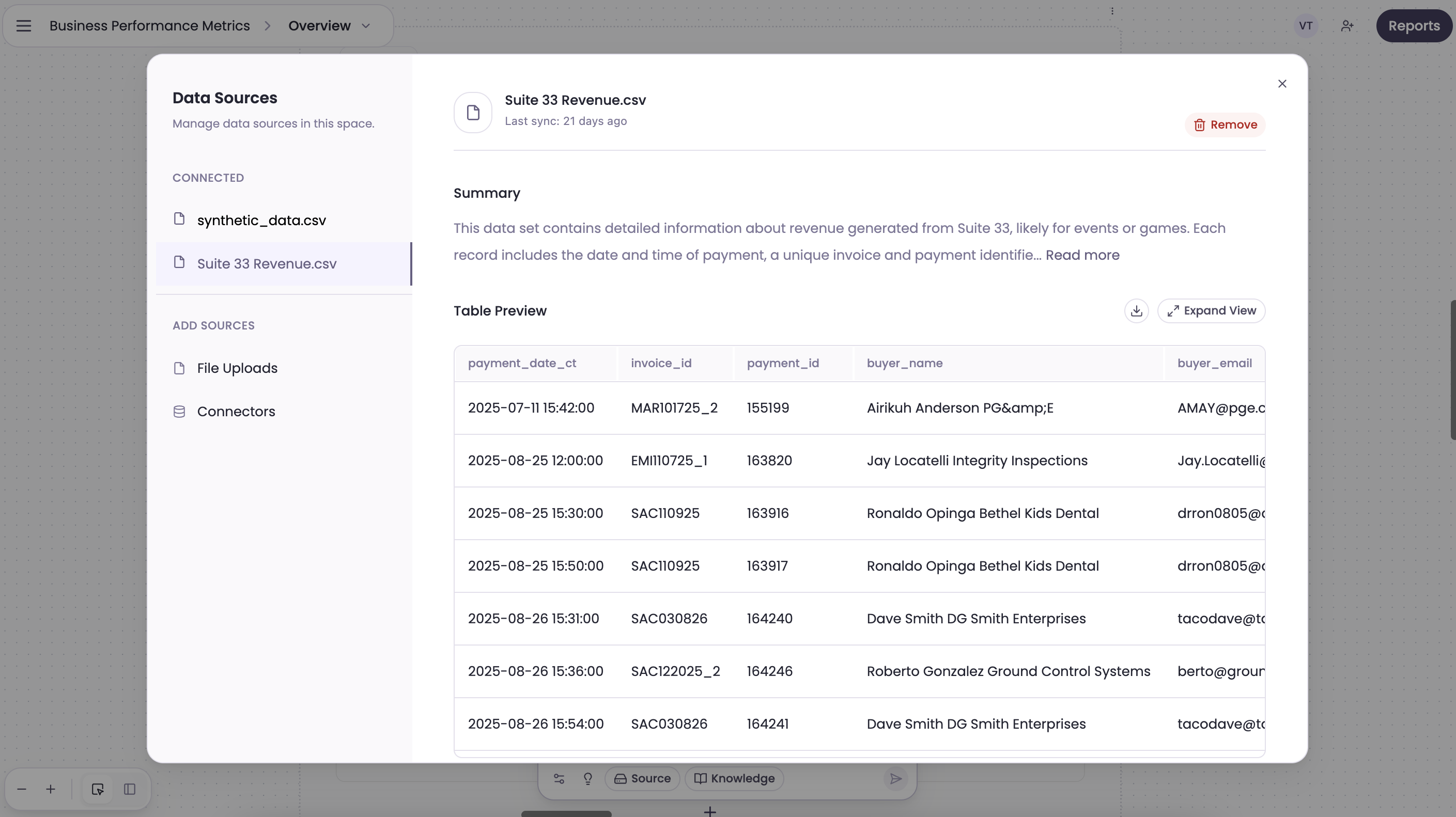 Data source modal preview